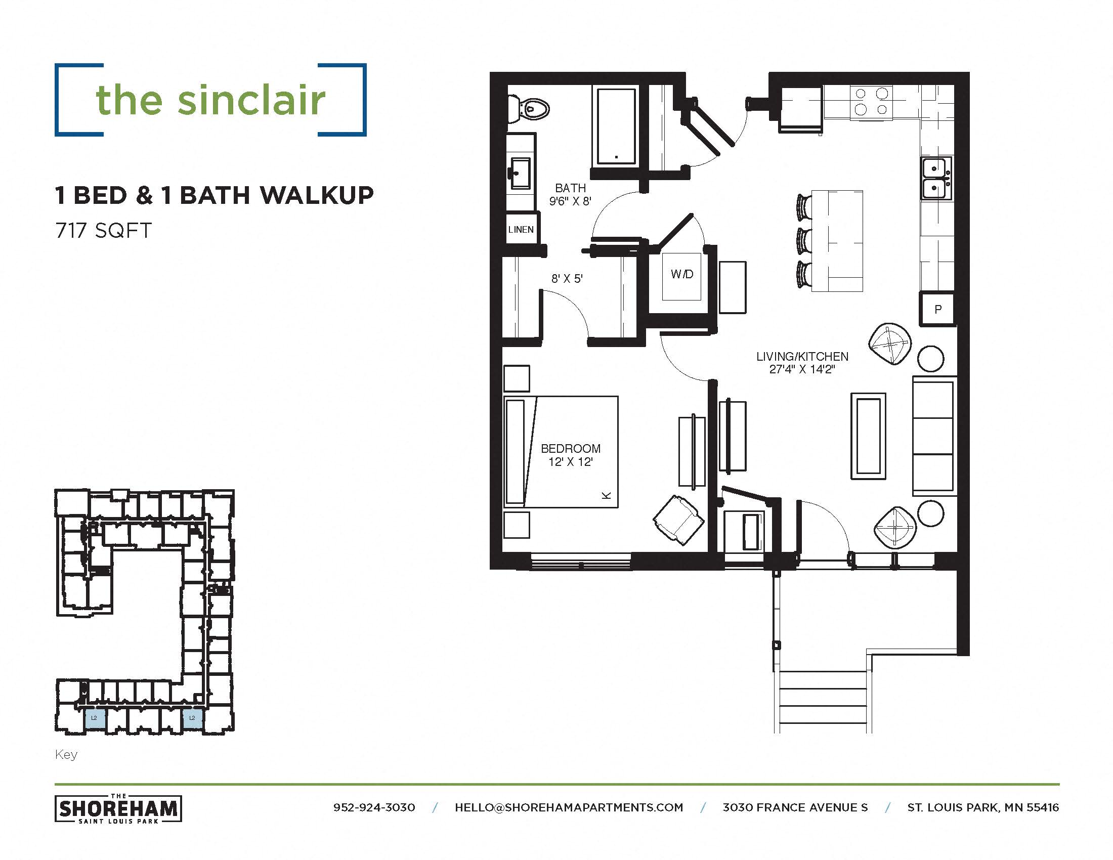 Floor plan for 1 bed, 1 bath, 717 sqft